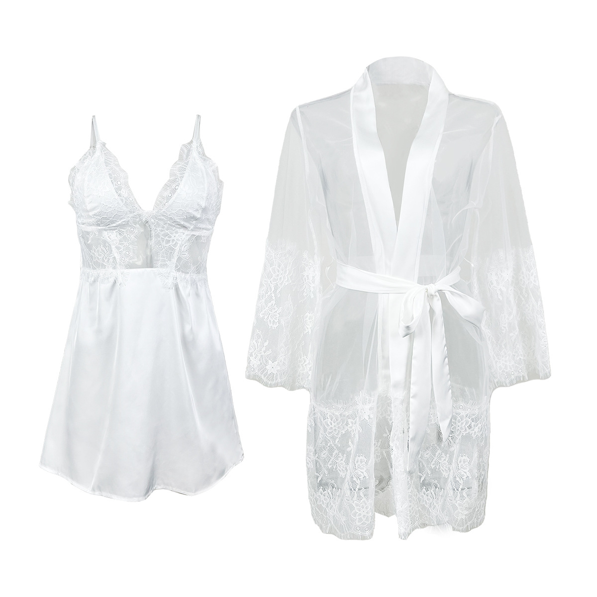 Women Sexy Lace Nightdress Mesh Bathrobe Homewear Wedding Party Satin Sleepwear